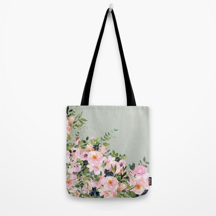 Floral Watercolor, Roses, Green and Pink Tote Bag Gallery Image 2