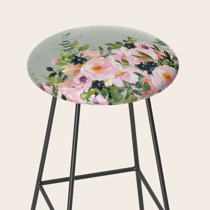 Floral Watercolor, Roses, Green and Pink Stool Gallery Image 2
