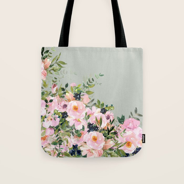 Floral Watercolor, Roses, Green and Pink Tote Bag Gallery Image 1