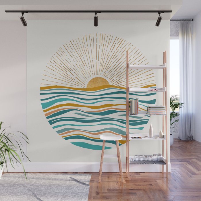 The Sun and The Sea - Gold and Teal Wall Mural Gallery Image 1