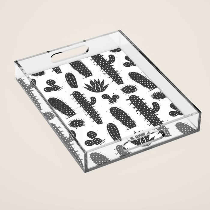 Retro black and white cactus plant pattern Acrylic Tray Gallery Image 1