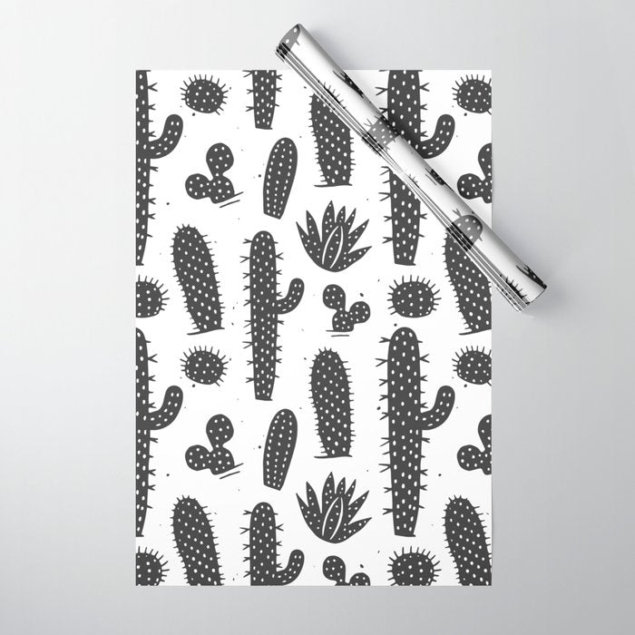 Retro black and white cactus plant pattern Wrapping Paper Gallery Image 1