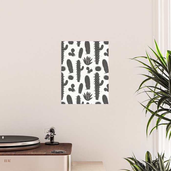 Retro black and white cactus plant pattern Poster Gallery Image 2