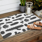Retro black and white cactus plant pattern Outdoor Rug Gallery Image 2