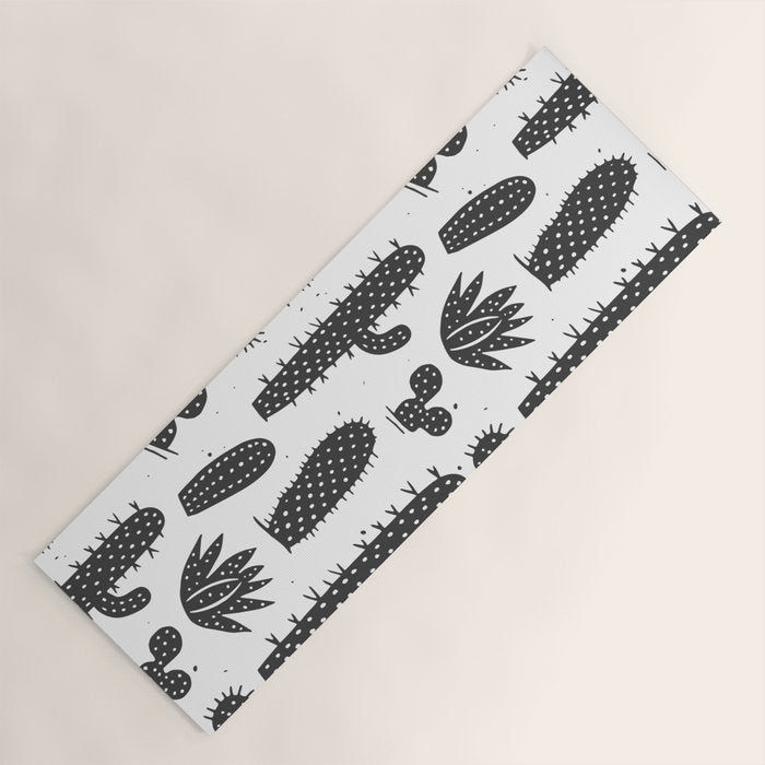Retro black and white cactus plant pattern Yoga Mat Gallery Image 1