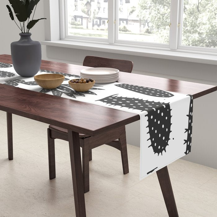 Retro black and white cactus plant pattern Table Runner Gallery Image 2