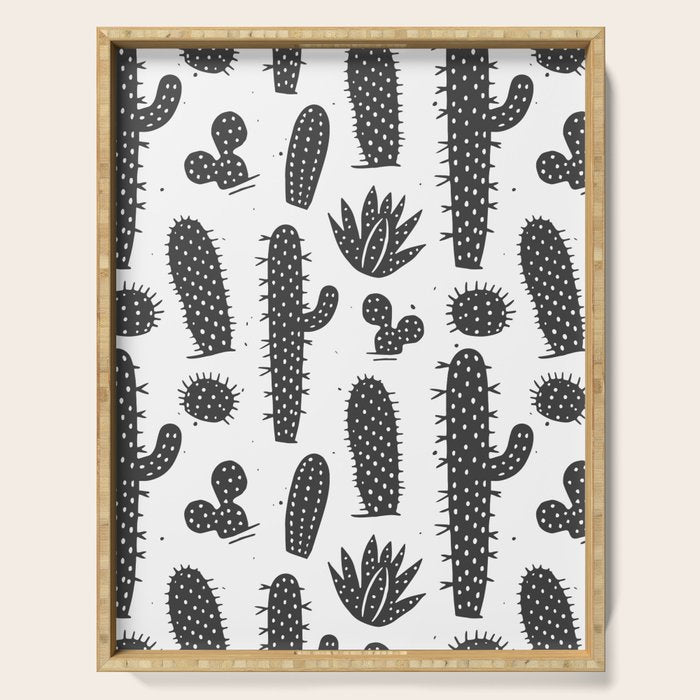 Retro black and white cactus plant pattern Serving Tray Gallery Image 1