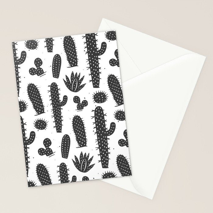 Retro black and white cactus plant pattern Stationery Card Gallery Image 2