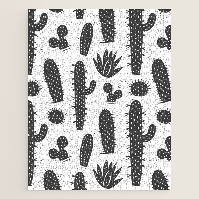 Retro black and white cactus plant pattern Jigsaw Puzzle Gallery Image 1