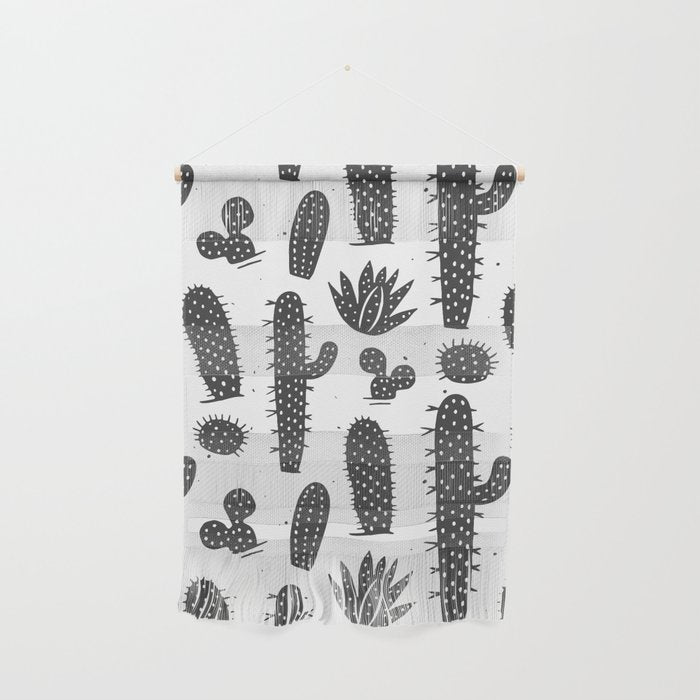 Retro black and white cactus plant pattern Wall Hanging Gallery Image 1