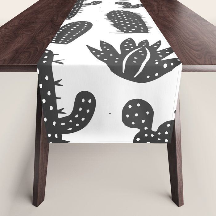 Retro black and white cactus plant pattern Table Runner Gallery Image 1