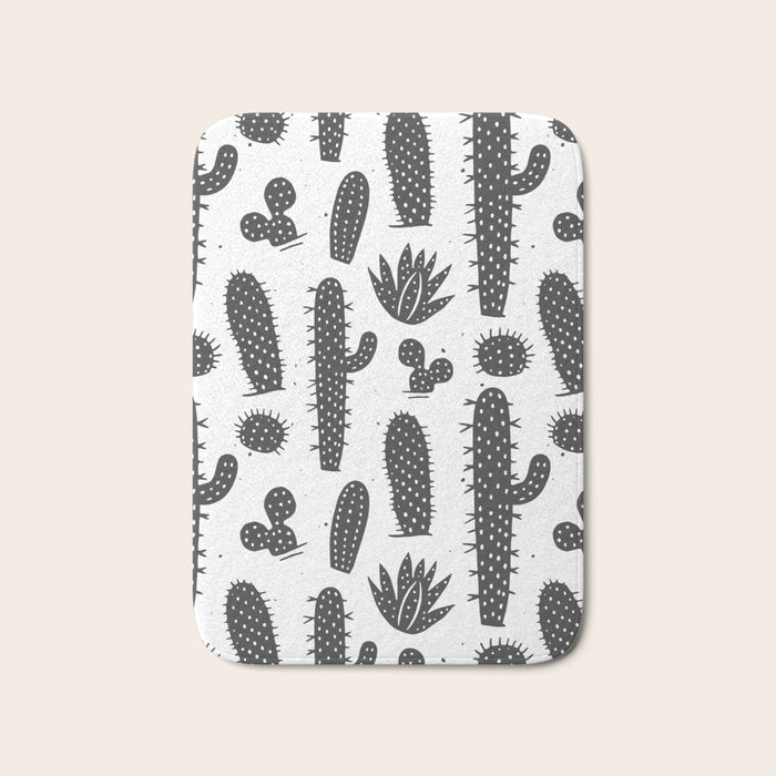Retro black and white cactus plant pattern Bath Mat Gallery Image 1