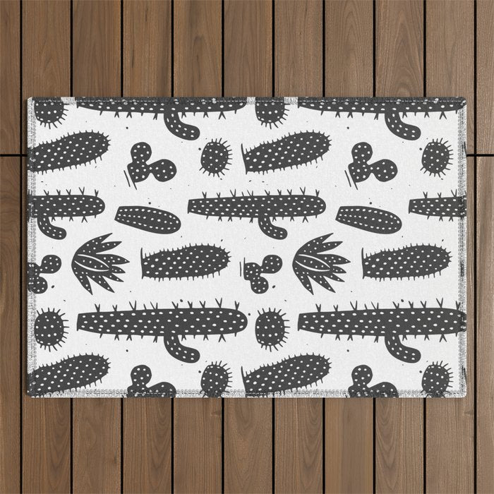 Retro black and white cactus plant pattern Outdoor Rug Gallery Image 1