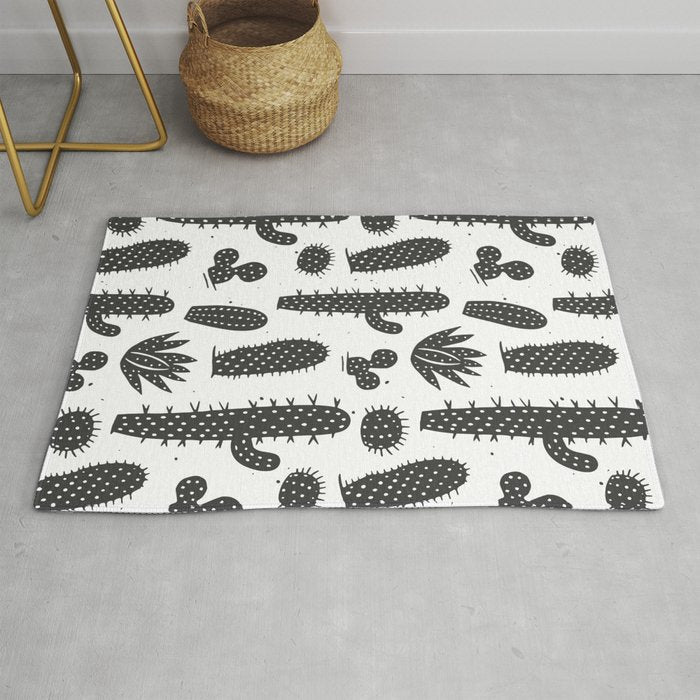 Retro black and white cactus plant pattern Rug Gallery Image 1