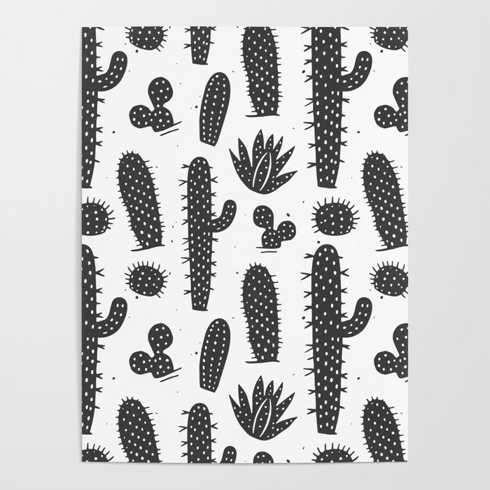 Retro black and white cactus plant pattern Poster Gallery Image 4