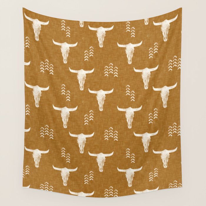 desert skulls - southwest cow skull - gold Wall Tapestry Gallery Image 4