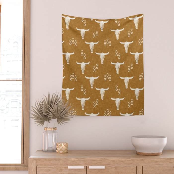 desert skulls - southwest cow skull - gold Wall Tapestry Gallery Image 2