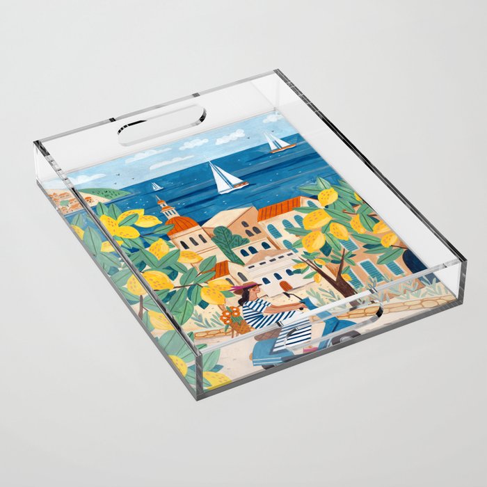 Travel poster woman on the Amalfi coast Italy Acrylic Tray Gallery Image 1