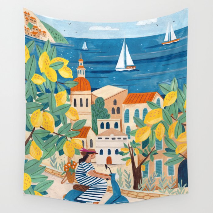 Travel poster woman on the Amalfi coast Italy Wall Tapestry Gallery Image 4