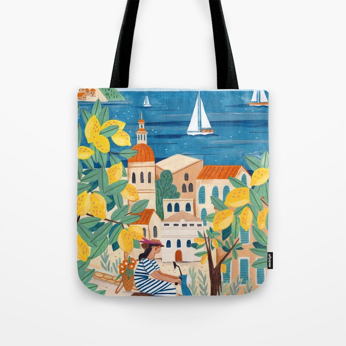 Travel poster woman on the Amalfi coast Italy Tote Bag Gallery Image 1