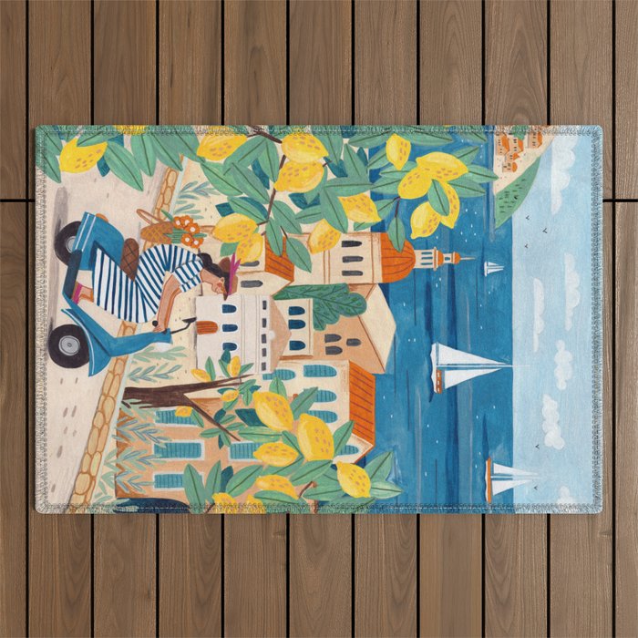 Travel poster woman on the Amalfi coast Italy Outdoor Rug Gallery Image 1