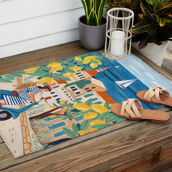 Travel poster woman on the Amalfi coast Italy Outdoor Rug Gallery Image 2