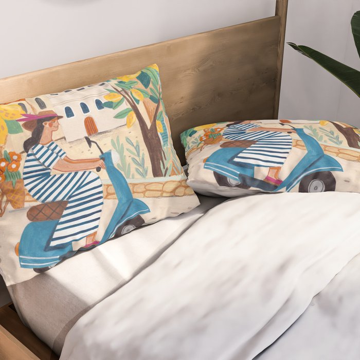 Travel poster woman on the Amalfi coast Italy Pillow Sham Gallery Image 2
