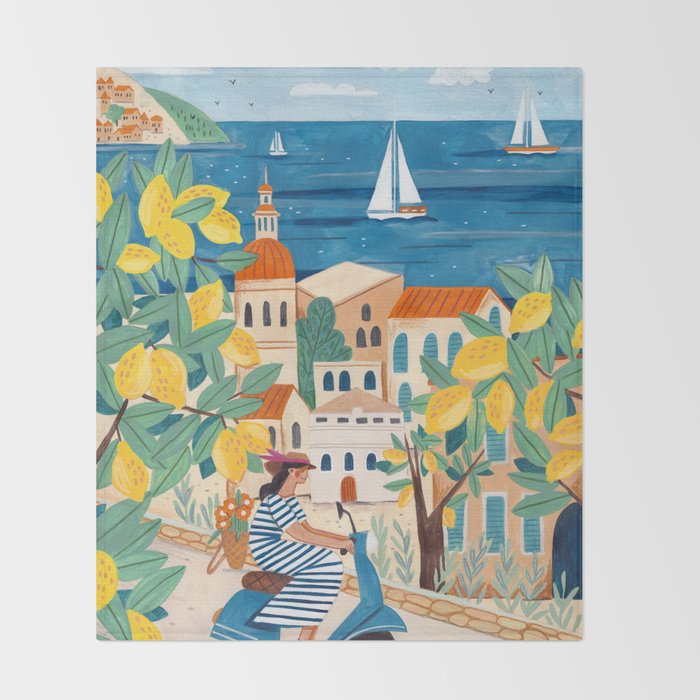 Travel poster woman on the Amalfi coast Italy Throw Blanket Gallery Image 2