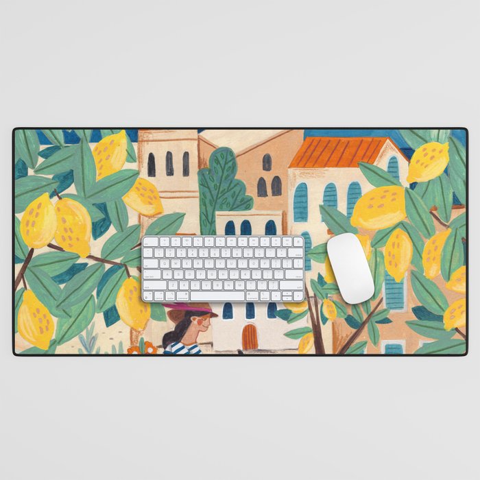Travel poster woman on the Amalfi coast Italy Desk Mat