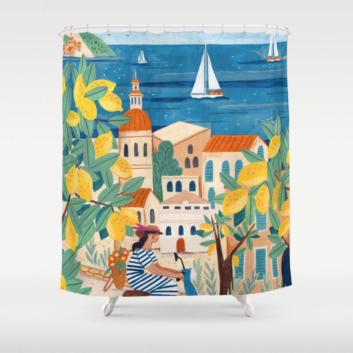 Travel poster woman on the Amalfi coast Italy Shower Curtain Gallery Image 1