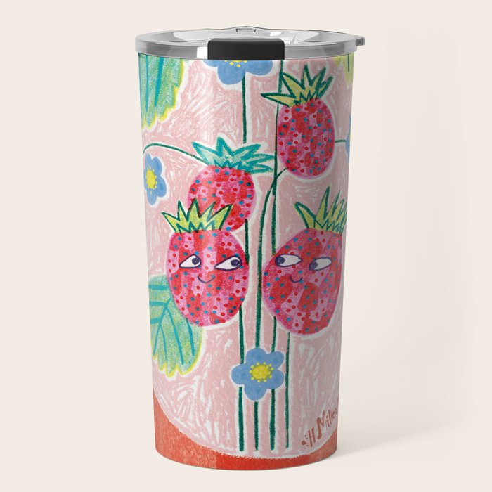 Sweet Strawberry Plant Friends in Red & Pink Travel Mug Gallery Image 1