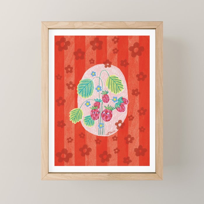 Sweet Strawberry Plant Friends in Red & Pink Mini Art Print Gallery Image 1