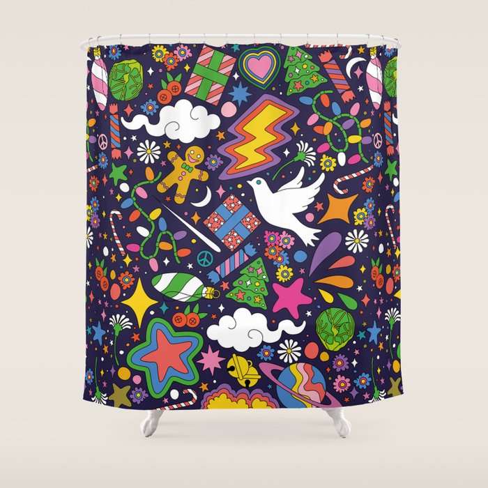 60s 70s psychedelic Modern Christmas Confetti Pattern Shower Curtain Gallery Image 1