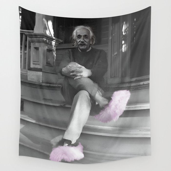 Satirical Einstein in Fuzzy Pink Slippers Classic E = mc² Black and White Satirical Photography  Wall Tapestry Gallery Image 1