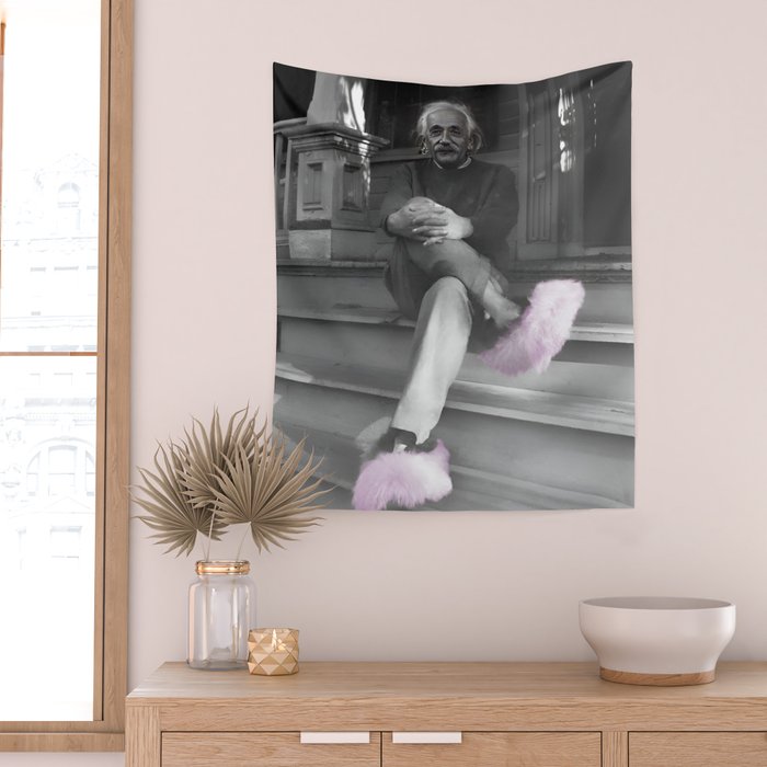 Satirical Einstein in Fuzzy Pink Slippers Classic E = mc² Black and White Satirical Photography  Wall Tapestry Gallery Image 2