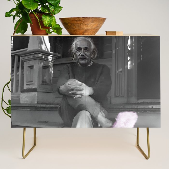 Satirical Einstein in Fuzzy Pink Slippers Classic E = mc² Black and White Satirical Photography  Credenza Gallery Image 1