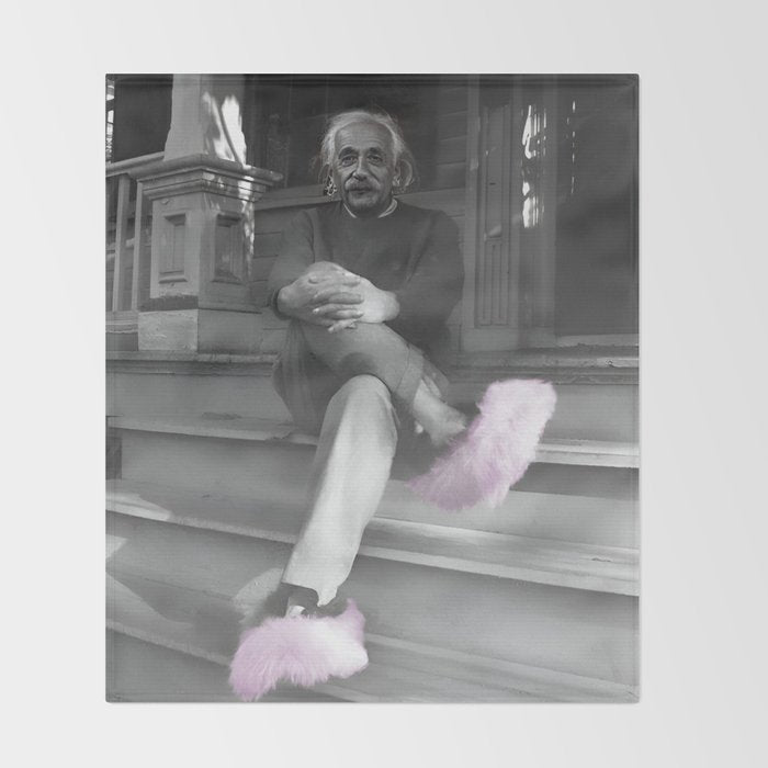 Satirical Einstein in Fuzzy Pink Slippers Classic E = mc² Black and White Satirical Photography  Throw Blanket Gallery Image 2