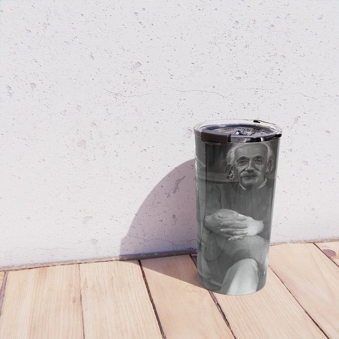 Satirical Einstein in Fuzzy Pink Slippers Classic E = mc² Black and White Satirical Photography  Travel Mug Gallery Image 4