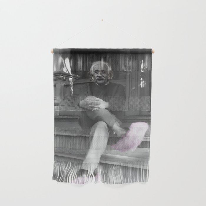 Satirical Einstein in Fuzzy Pink Slippers Classic E = mc² Black and White Satirical Photography  Wall Hanging Gallery Image 1