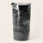 Satirical Einstein in Fuzzy Pink Slippers Classic E = mc² Black and White Satirical Photography  Travel Mug Gallery Image 3