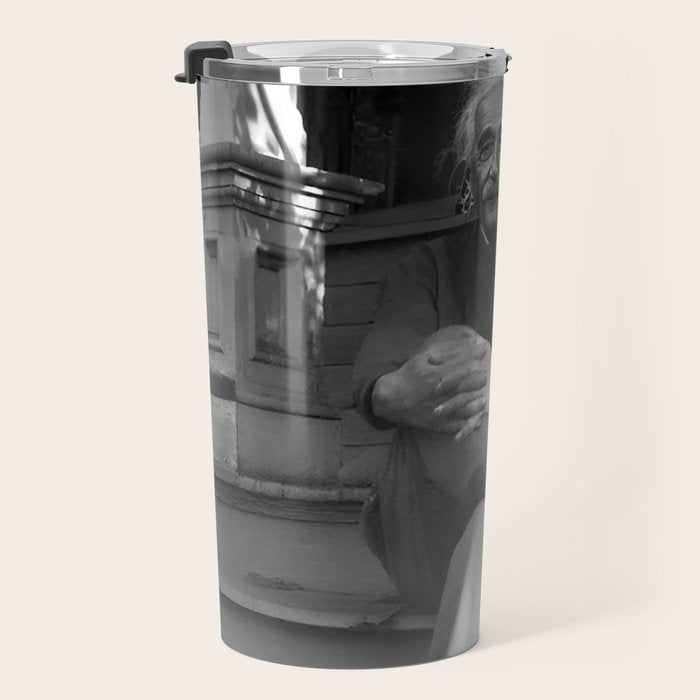 Satirical Einstein in Fuzzy Pink Slippers Classic E = mc² Black and White Satirical Photography  Travel Mug Gallery Image 3