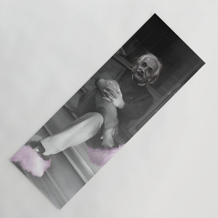 Satirical Einstein in Fuzzy Pink Slippers Classic E = mc² Black and White Satirical Photography  Yoga Mat Gallery Image 1