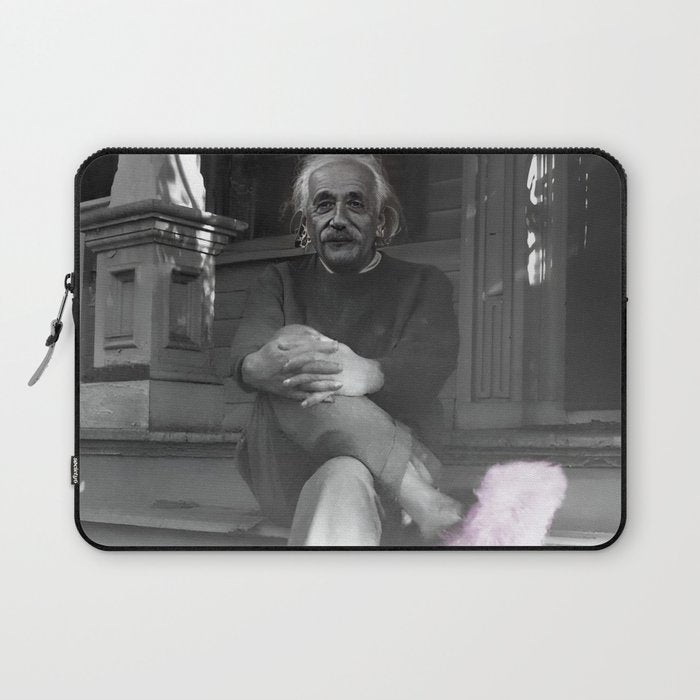 Satirical Einstein in Fuzzy Pink Slippers Classic E = mc² Black and White Satirical Photography  Laptop Sleeve Gallery Image 1