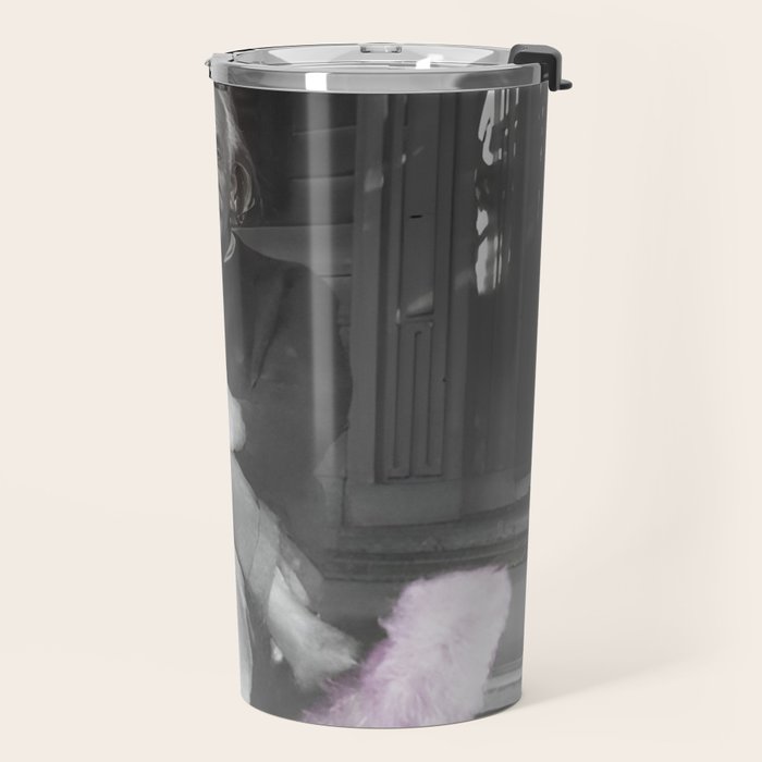Satirical Einstein in Fuzzy Pink Slippers Classic E = mc² Black and White Satirical Photography  Travel Mug Gallery Image 2