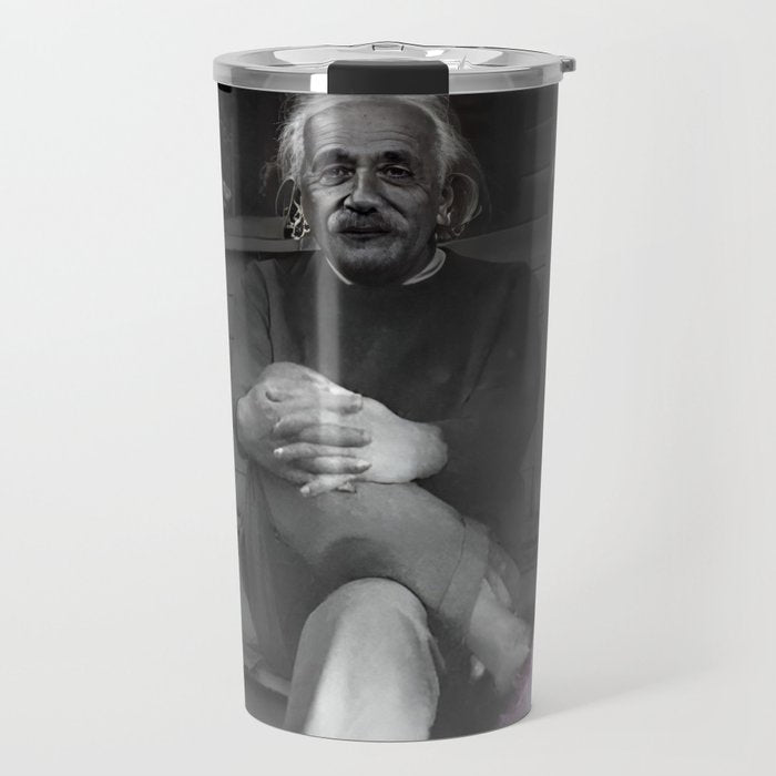 Satirical Einstein in Fuzzy Pink Slippers Classic E = mc² Black and White Satirical Photography  Travel Mug Gallery Image 1