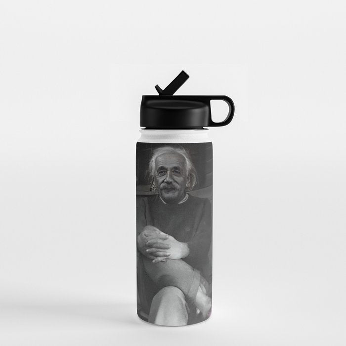 Satirical Einstein in Fuzzy Pink Slippers Classic E = mc² Black and White Satirical Photography  Water Bottle Gallery Image 1