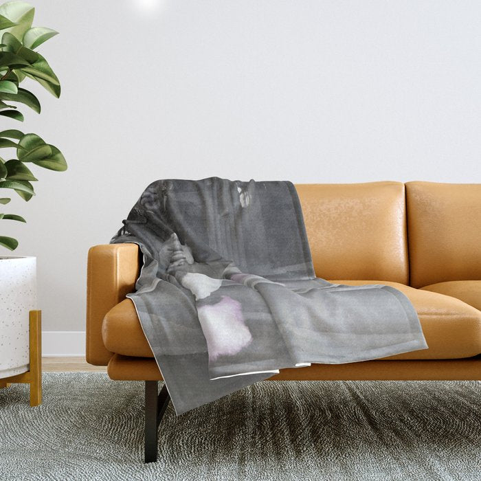 Satirical Einstein in Fuzzy Pink Slippers Classic E = mc² Black and White Satirical Photography  Throw Blanket Gallery Image 1