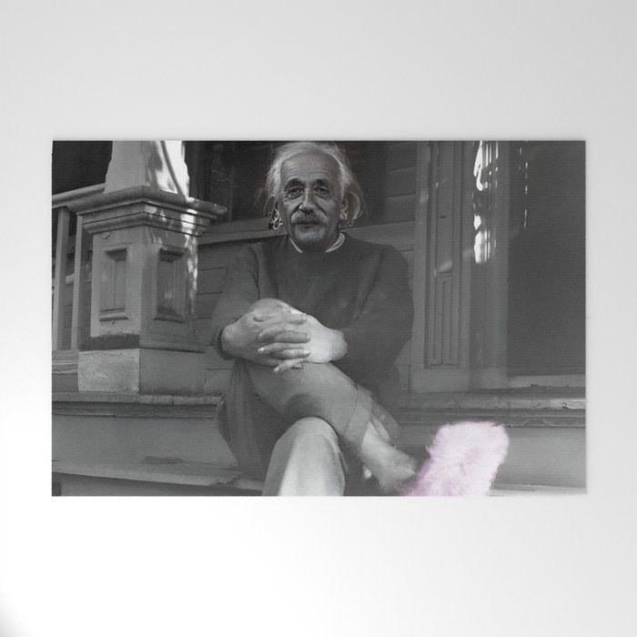 Satirical Einstein in Fuzzy Pink Slippers Classic E = mc² Black and White Satirical Photography  Welcome Mat Gallery Image 1