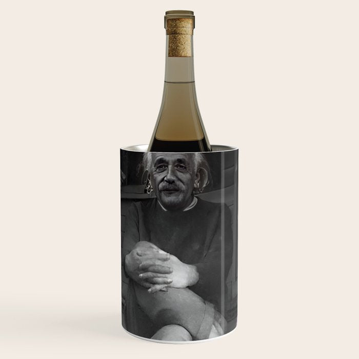 Satirical Einstein in Fuzzy Pink Slippers Classic E = mc² Black and White Satirical Photography  Wine Chiller Gallery Image 1