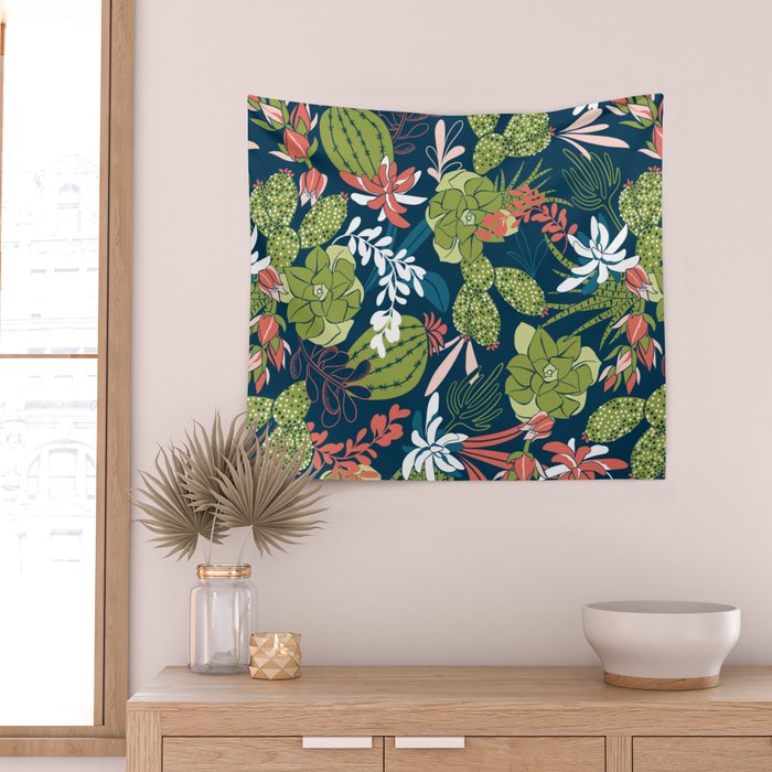 Succulent Garden Navy Wall Tapestry Gallery Image 2